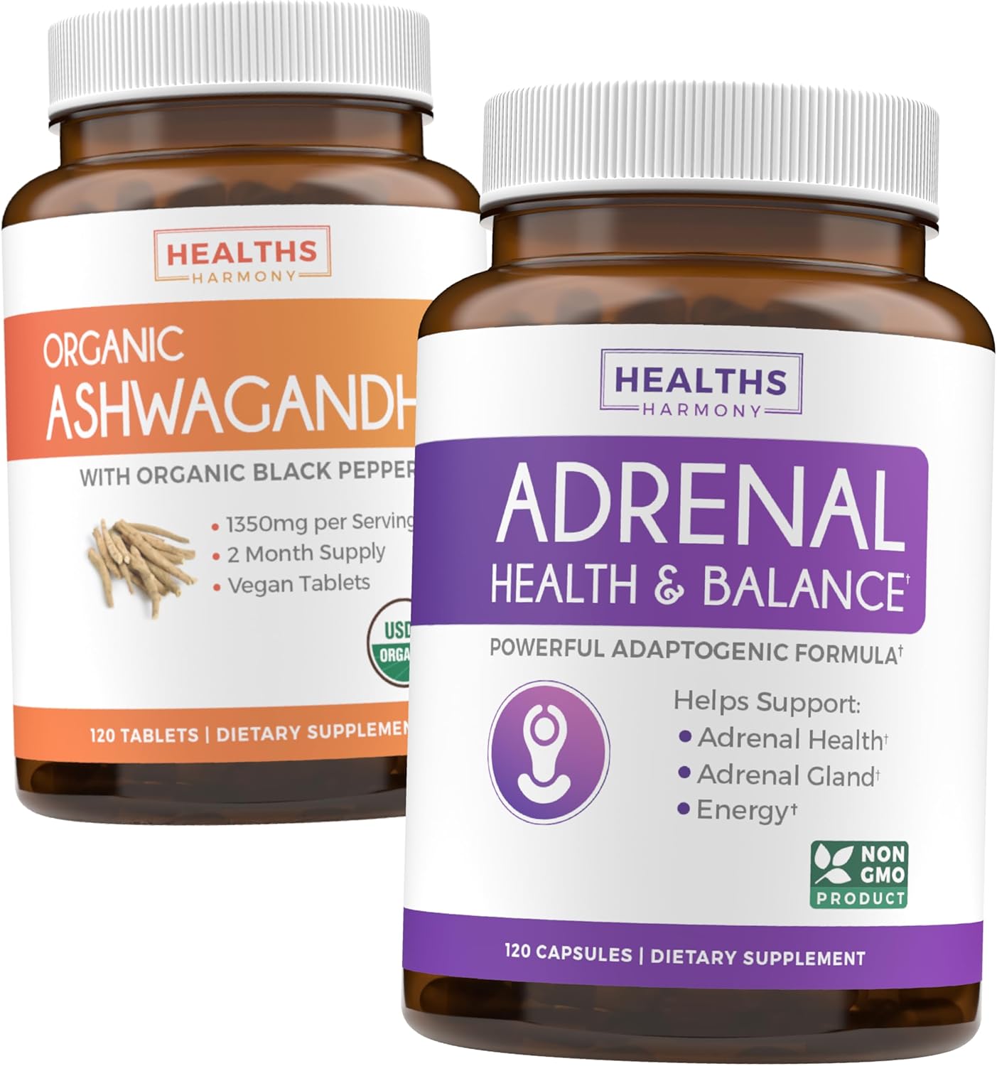 Organic Ashwagandha & L-Tyrosine Adrenal Support Pack (2-Month Supply) for Cortisol Balance & Fatigue Management - 240 Capsules