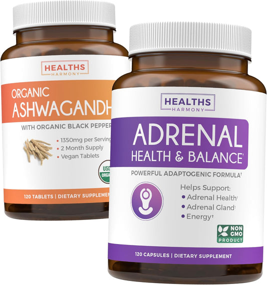 Organic Ashwagandha & L-Tyrosine Adrenal Support Pack (2-Month Supply) for Cortisol Balance & Fatigue Management - 240 Capsules