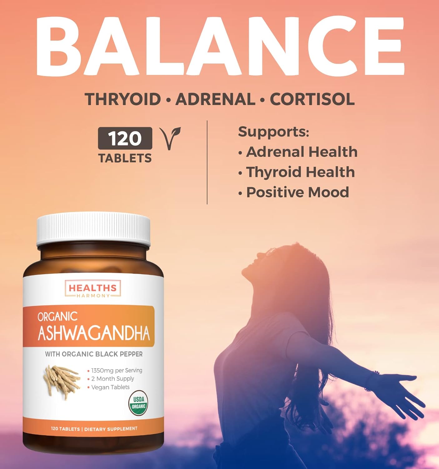 Organic Ashwagandha & L-Tyrosine Adrenal Support Pack (2-Month Supply) for Cortisol Balance & Fatigue Management - 240 Capsules