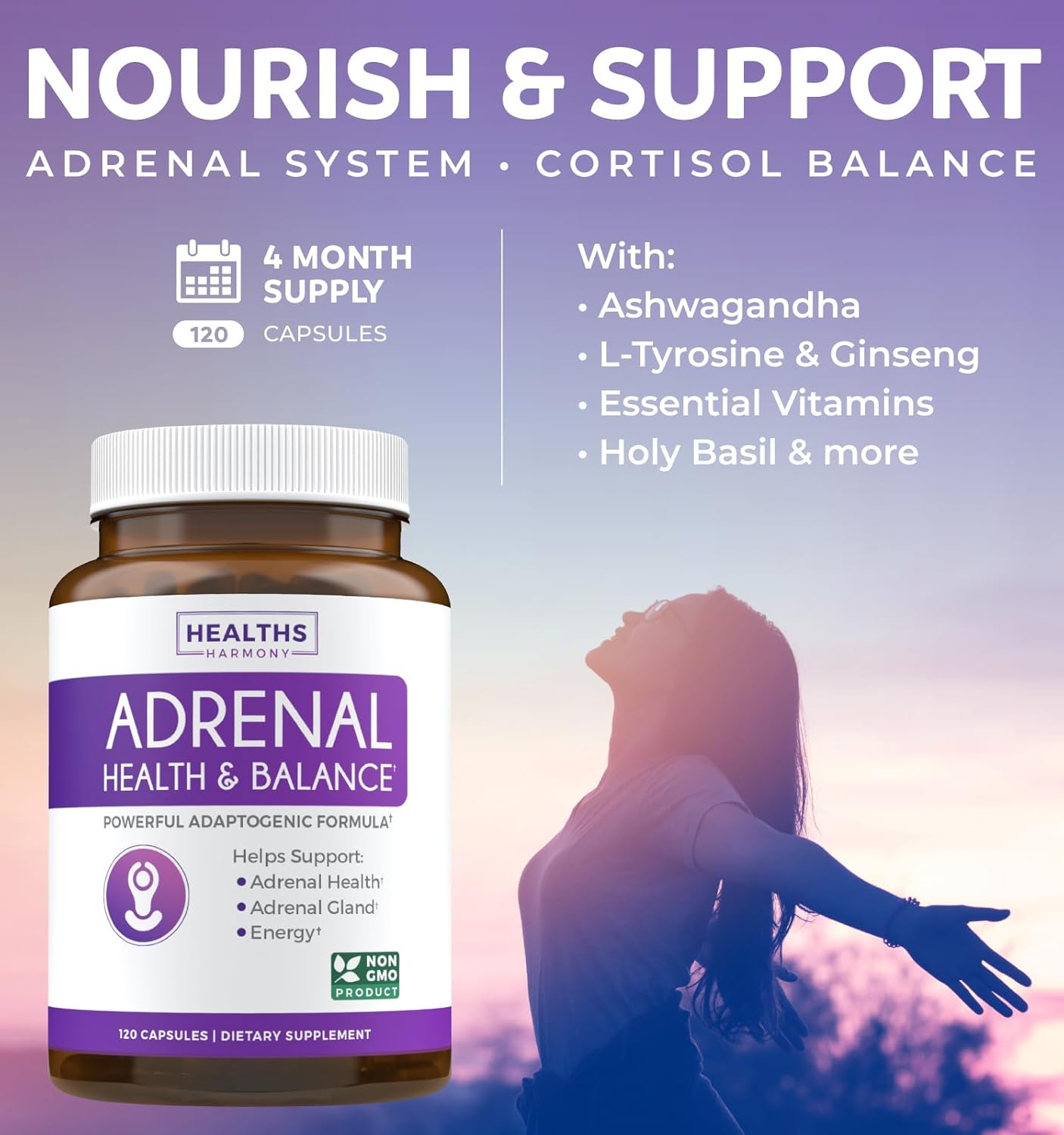 Organic Ashwagandha & L-Tyrosine Adrenal Support Pack (2-Month Supply) for Cortisol Balance & Fatigue Management - 240 Capsules