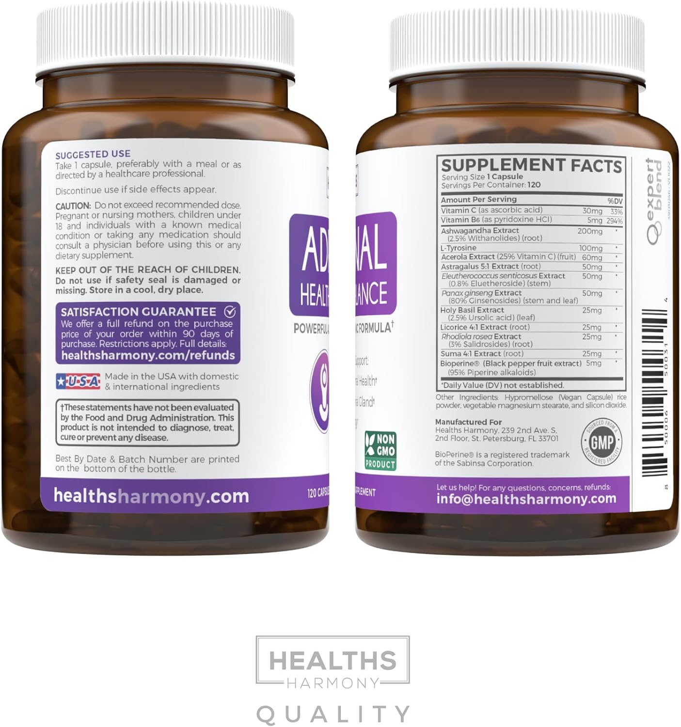 Organic Ashwagandha & L-Tyrosine Adrenal Support Pack (2-Month Supply) for Cortisol Balance & Fatigue Management - 240 Capsules