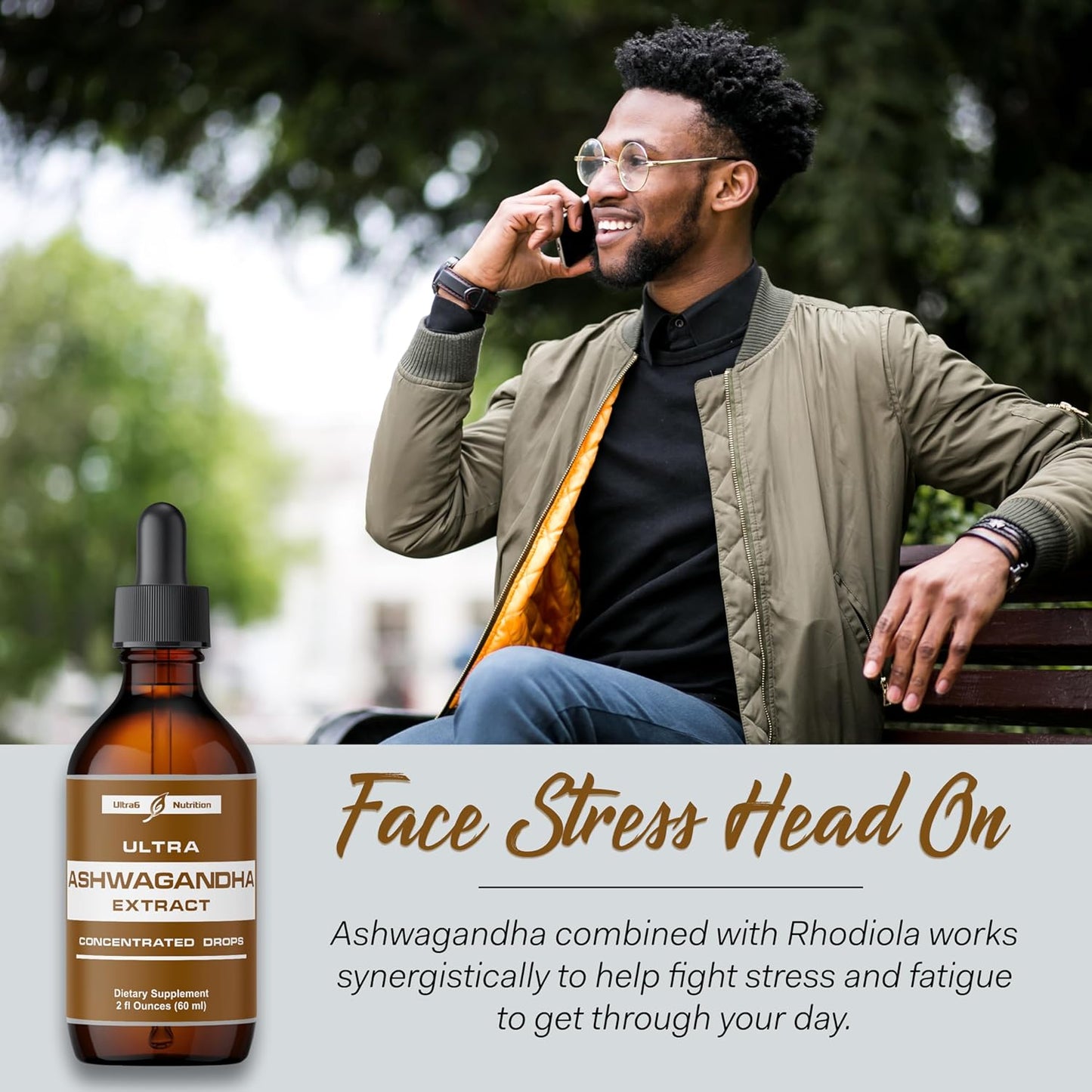 Organic Ashwagandha Liquid Drops with Rhodiola Rosea - Mood & Energy Supplement for Men & Women by Ultra6 Nutrition