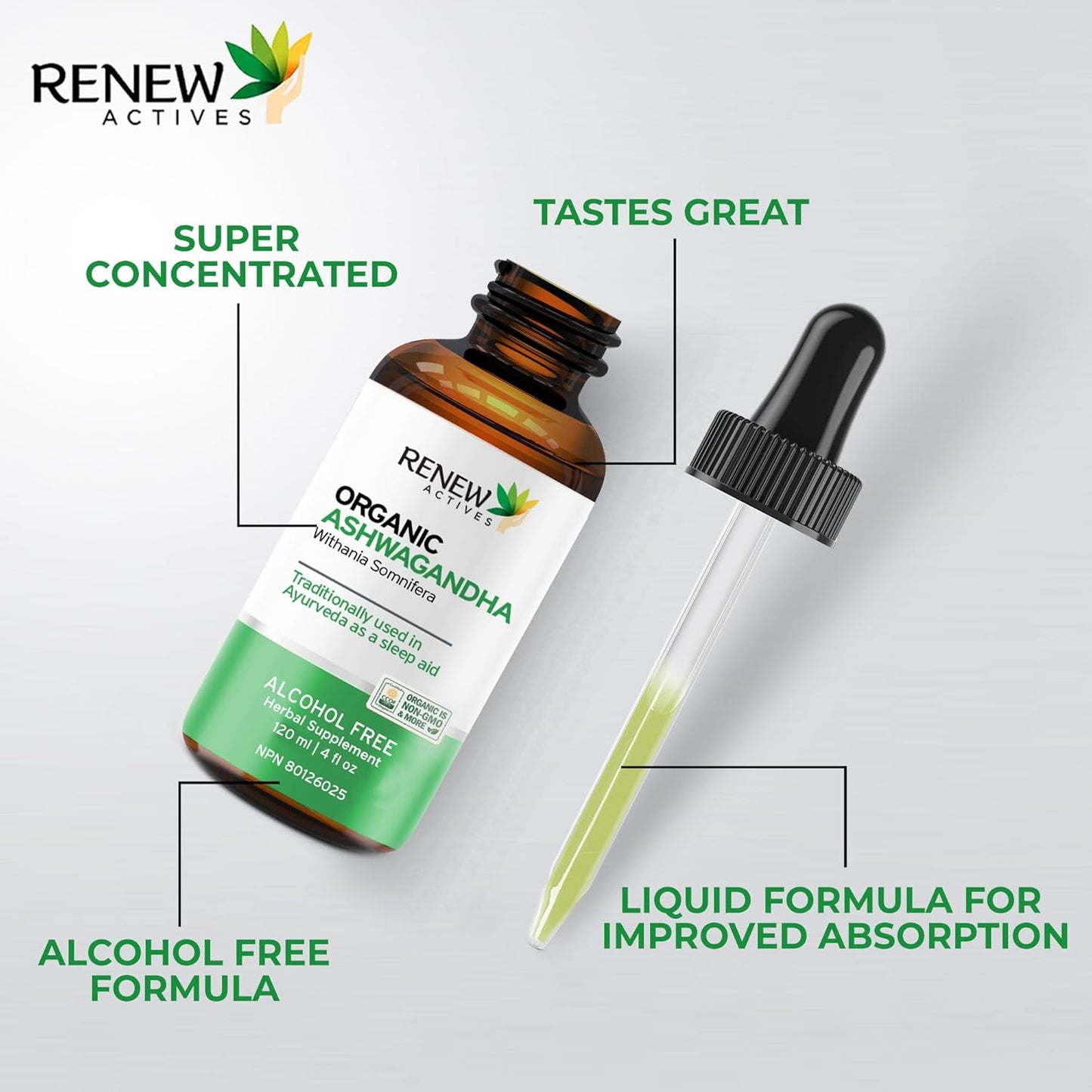 Organic Ashwagandha Liquid for Cognitive Function, Energy, Stress Reduction - 120 ml Formula for Memory, Sleep, Immune Health & Clarity