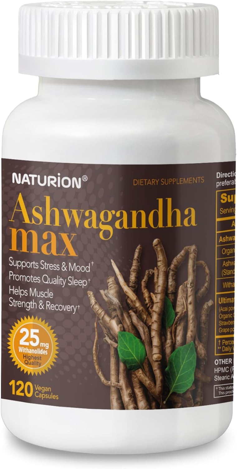 Organic Ashwagandha Powder Capsules with Berry Blend for Relaxation, Stress Relief, Sleep - 120 Vegan Capsules