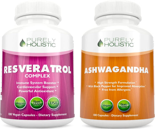 Organic Ashwagandha & Resveratrol Capsules Bundle - Vegan Antioxidant Supplement - 180 + 180 Capsules - Made in USA