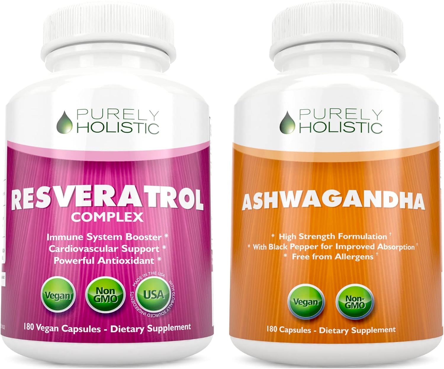 Organic Ashwagandha & Resveratrol Capsules Bundle - Vegan Antioxidant Supplement - 180 + 180 Capsules - Made in USA