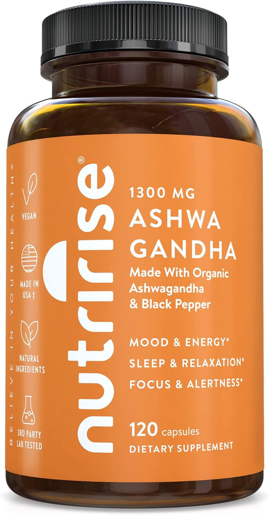 Organic Ashwagandha Root Capsules 1300mg with Black Pepper - Stress & Mood Support - Thyroid & Immune Boost - Clarity & Energy - 120 Count