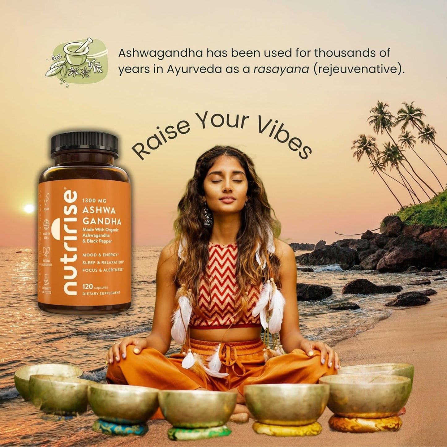 Organic Ashwagandha Root Capsules 1300mg with Black Pepper - Stress & Mood Support - Thyroid & Immune Boost - Clarity & Energy - 120 Count