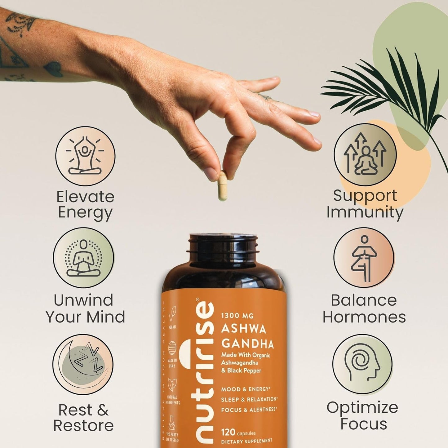Organic Ashwagandha Root Capsules 1300mg with Black Pepper - Stress & Mood Support - Thyroid & Immune Boost - Clarity & Energy - 120 Count