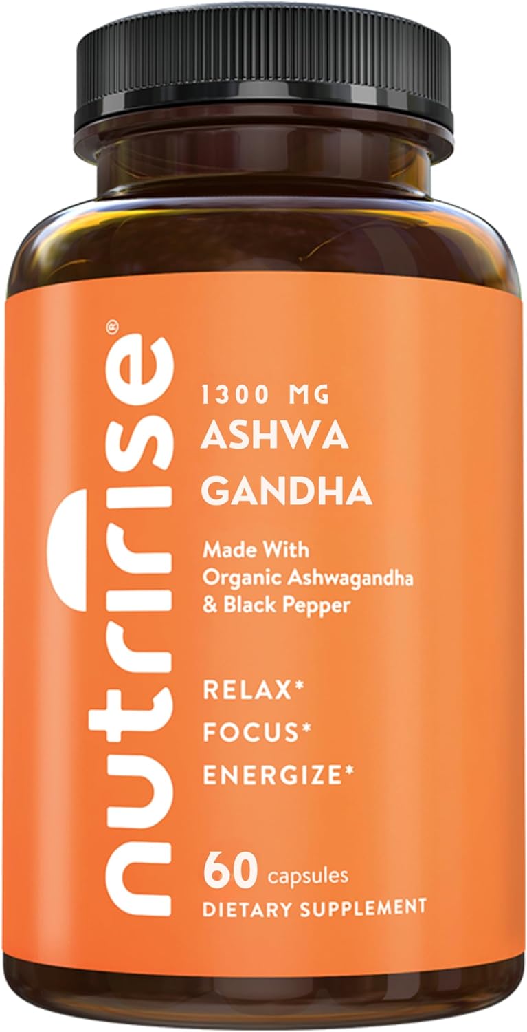 Organic Ashwagandha Root Capsules with Black Pepper - 1300mg Stress & Mood Support - Thyroid & Immune Supplement - Clarity, Focus, Energy - Gluten Free - 60 Count