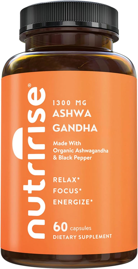 Organic Ashwagandha Root Capsules with Black Pepper - 1300mg Stress & Mood Support - Thyroid & Immune Supplement - Clarity, Focus, Energy - Gluten Free - 60 Count
