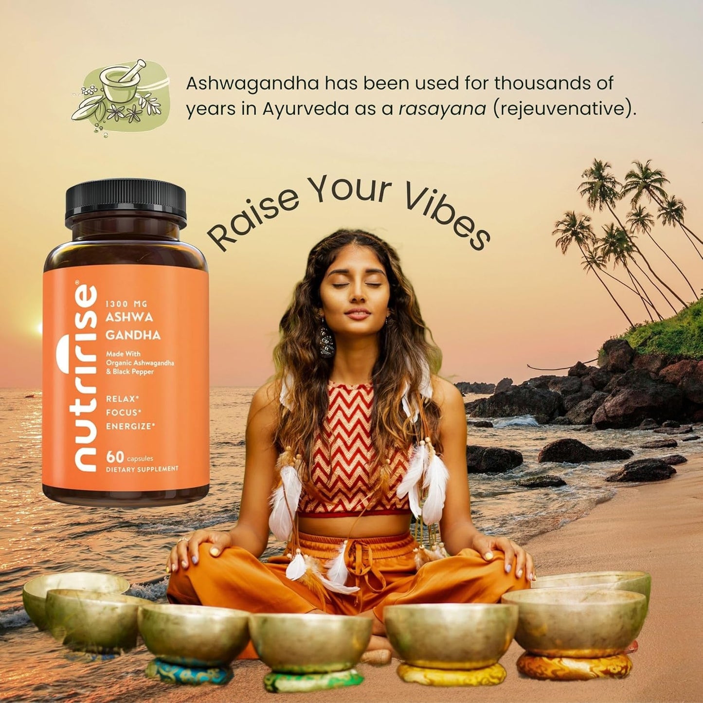 Organic Ashwagandha Root Capsules with Black Pepper - 1300mg Stress & Mood Support - Thyroid & Immune Supplement - Clarity, Focus, Energy - Gluten Free - 60 Count