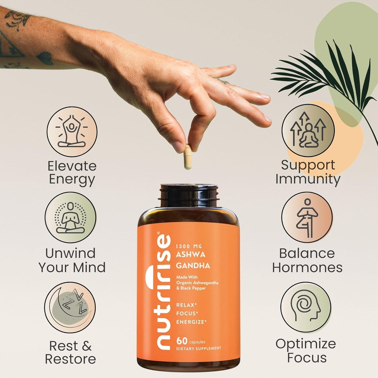 Organic Ashwagandha Root Capsules with Black Pepper - 1300mg Stress & Mood Support - Thyroid & Immune Supplement - Clarity, Focus, Energy - Gluten Free - 60 Count