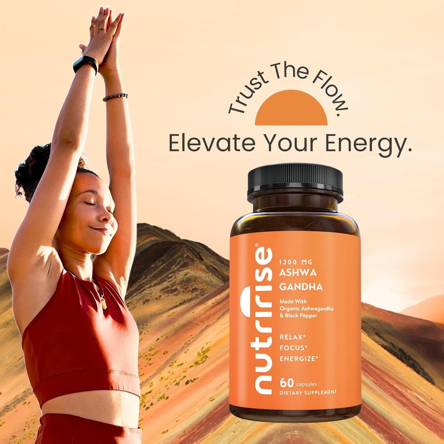 Organic Ashwagandha Root Capsules with Black Pepper - 1300mg Stress & Mood Support - Thyroid & Immune Supplement - Clarity, Focus, Energy - Gluten Free - 60 Count