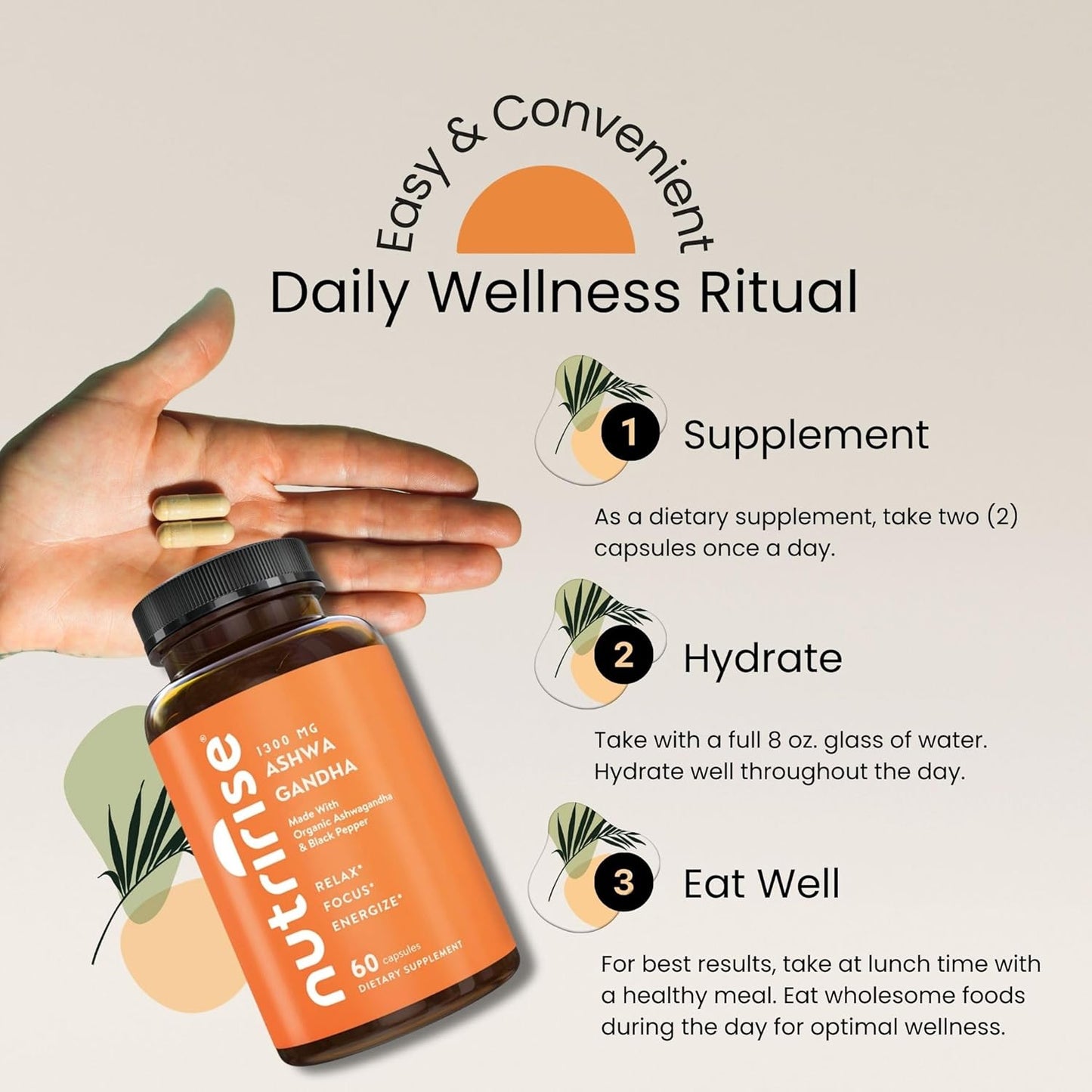 Organic Ashwagandha Root Capsules with Black Pepper - 1300mg Stress & Mood Support - Thyroid & Immune Supplement - Clarity, Focus, Energy - Gluten Free - 60 Count