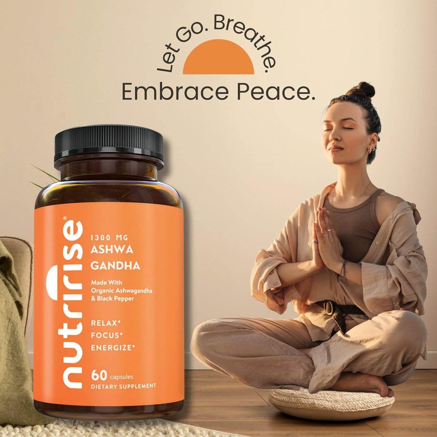 Organic Ashwagandha Root Capsules with Black Pepper - 1300mg Stress & Mood Support - Thyroid & Immune Supplement - Clarity, Focus, Energy - Gluten Free - 60 Count