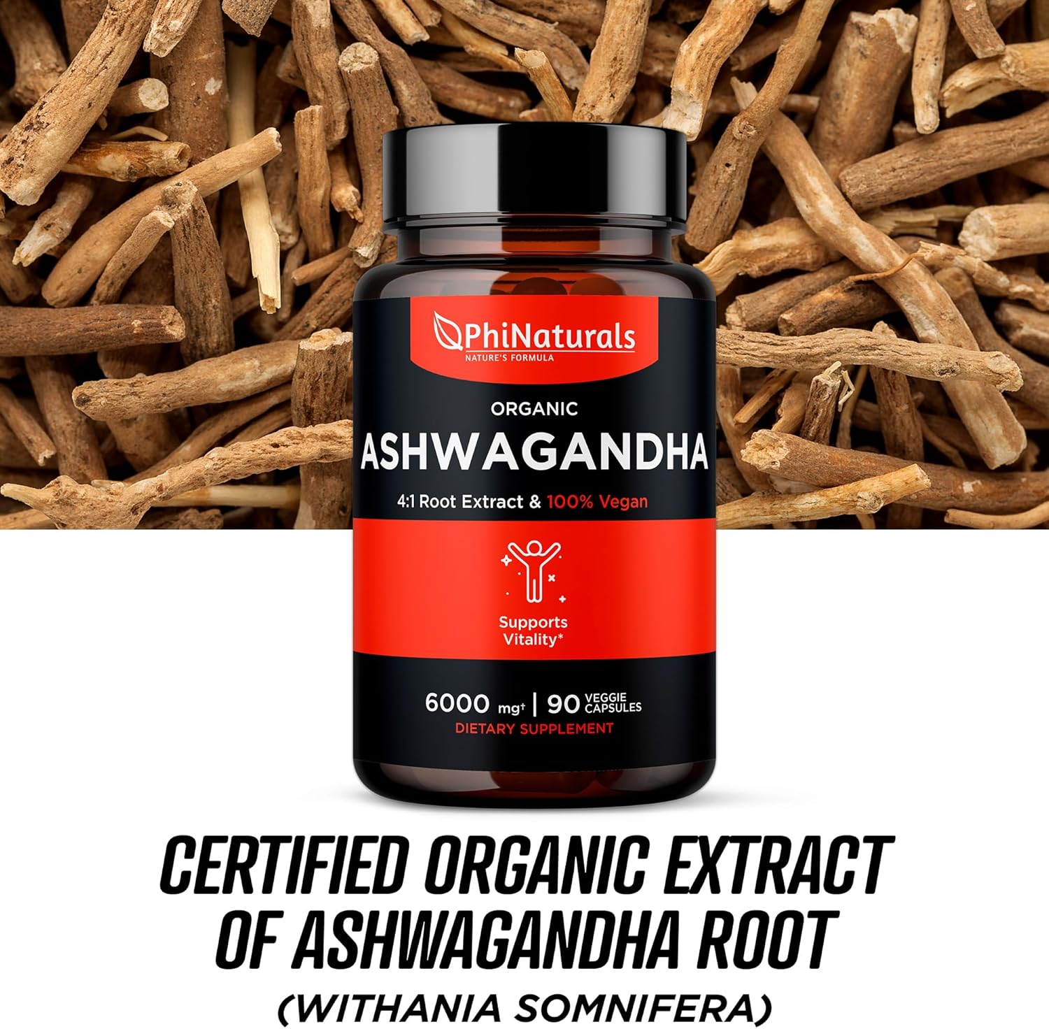 Organic Ashwagandha Root Extract Capsules - 1500mg Per Serving - 30 Servings - Vegan - 90 Count - for Men and Women - 6000mg Root Equivalent