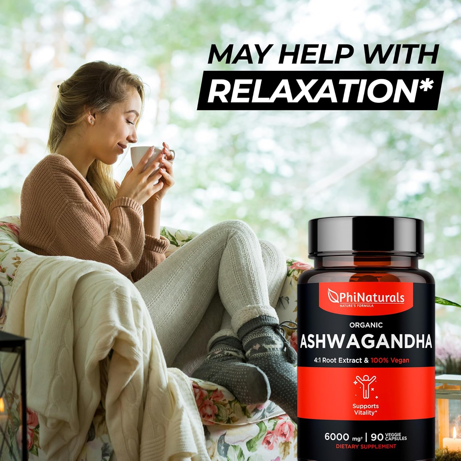 Organic Ashwagandha Root Extract Capsules - 6000mg Equivalent, 1500mg Per Serving, 30 Servings - Vegan Supplement for Men and Women - 90 Count