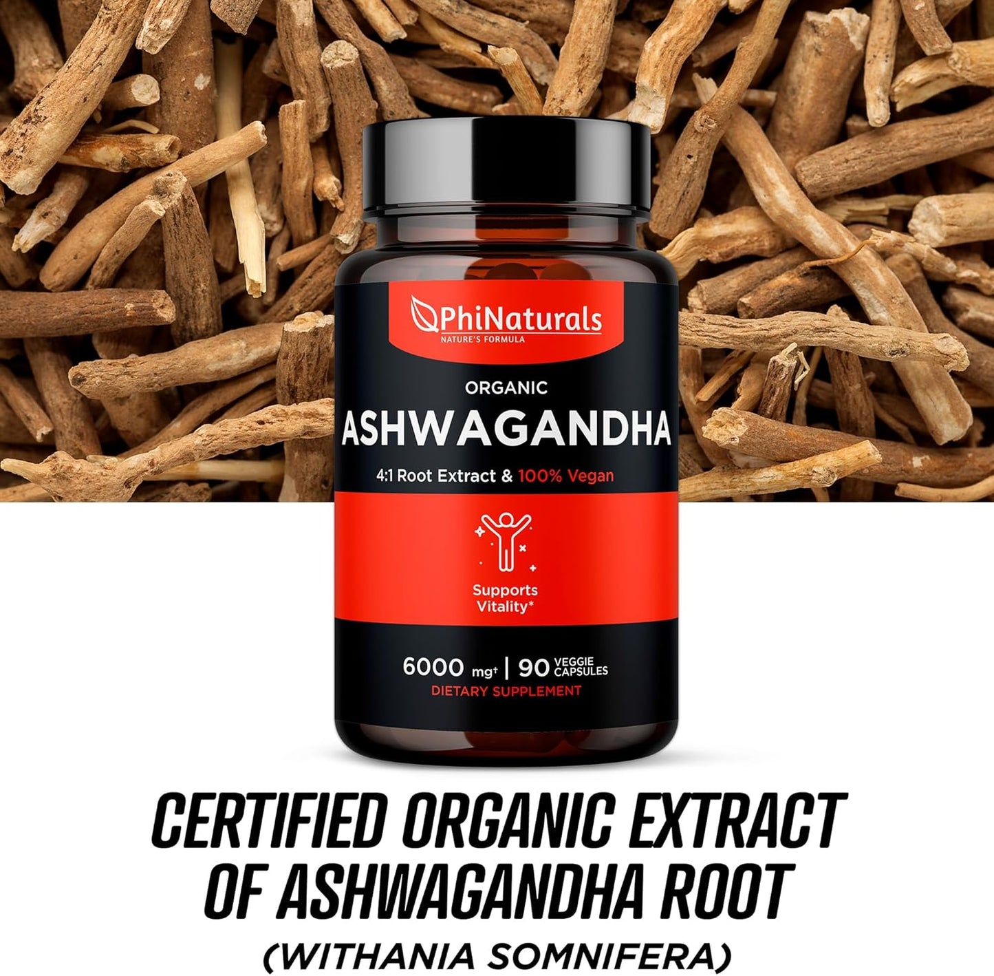 Organic Ashwagandha Root Extract Capsules - 6000mg Equivalent, 1500mg Per Serving, 30 Servings - Vegan Supplement for Men and Women - 90 Count