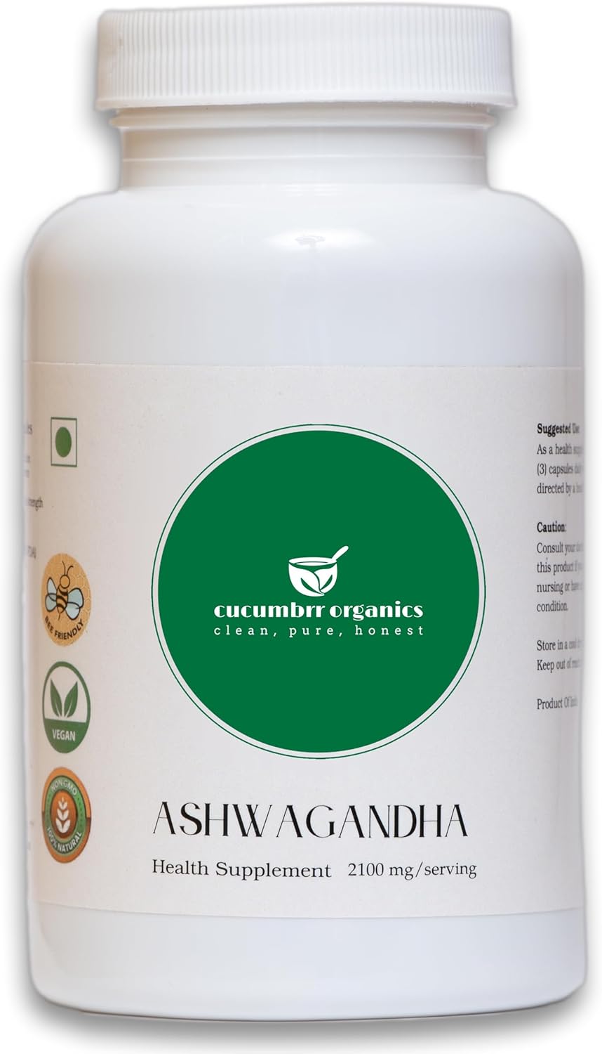 Organic Ashwagandha Root Extract Supplement - 90 Capsules by Cucumbrr Organics