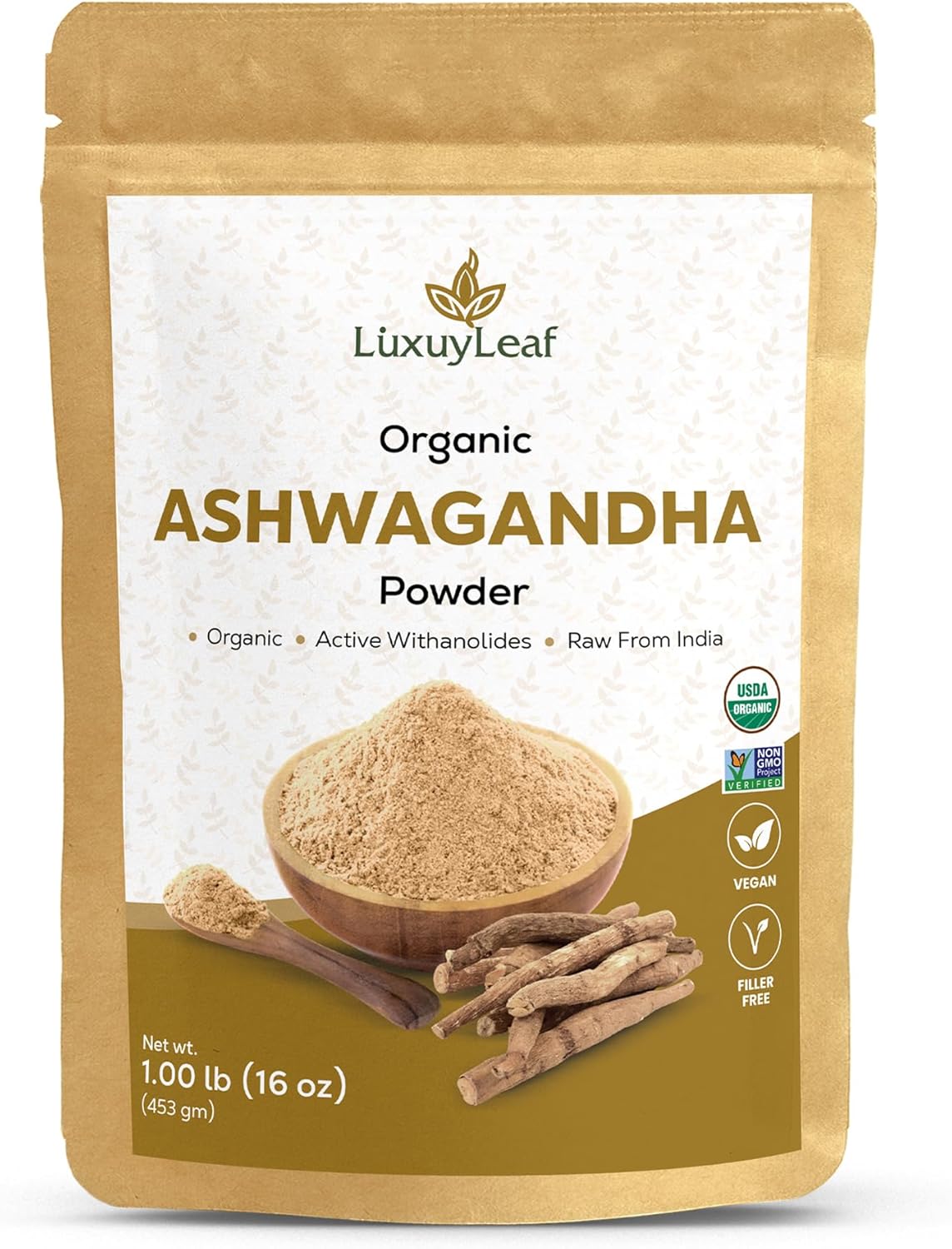 Organic Ashwagandha Root Powder - Non-GMO, Vegan-Friendly LuxuryLeaf for Health & Wellness