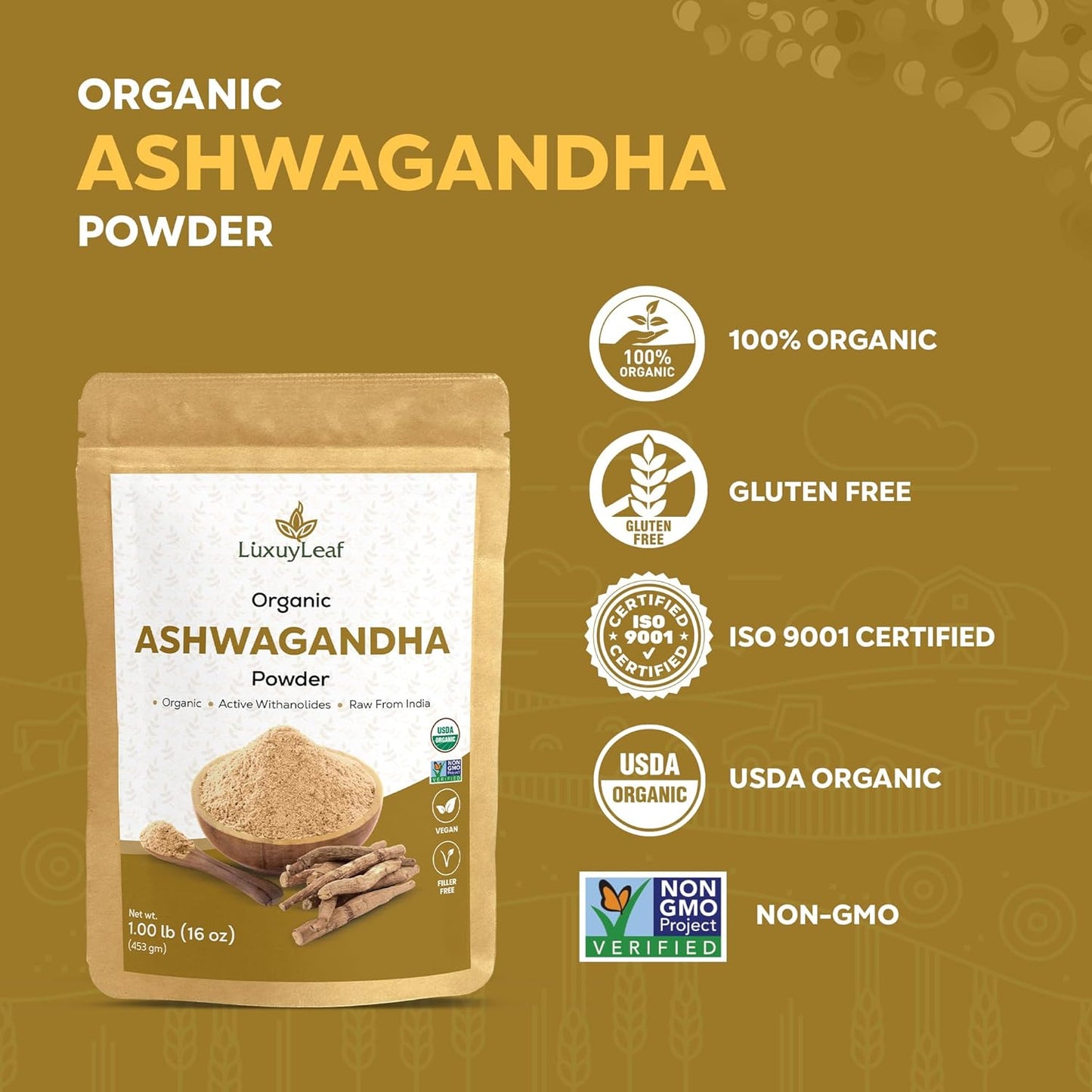 Organic Ashwagandha Root Powder - Non-GMO, Vegan-Friendly LuxuryLeaf for Health & Wellness