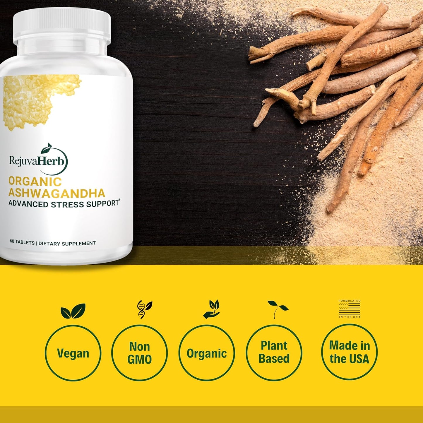 Organic Ashwagandha Root Powder with Black Pepper for Stress Support - 675mg, Cortisol Regulation Supplement, Vegan, Non-GMO - 60-Day Supply