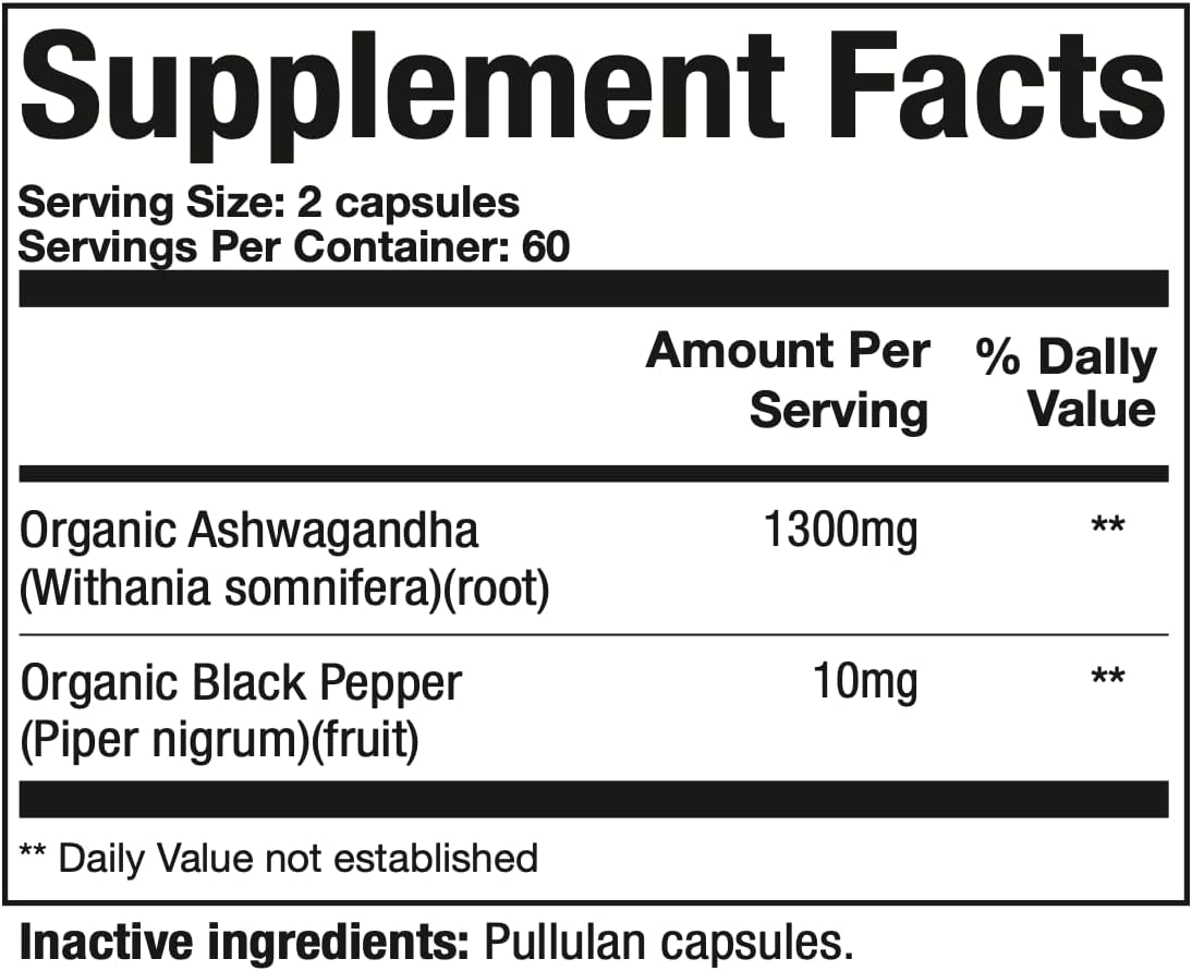 Organic ASHWAGANDHA Root Supplement 1300mg with Black Pepper - Natural Stress & Mood Support - 120 Capsules