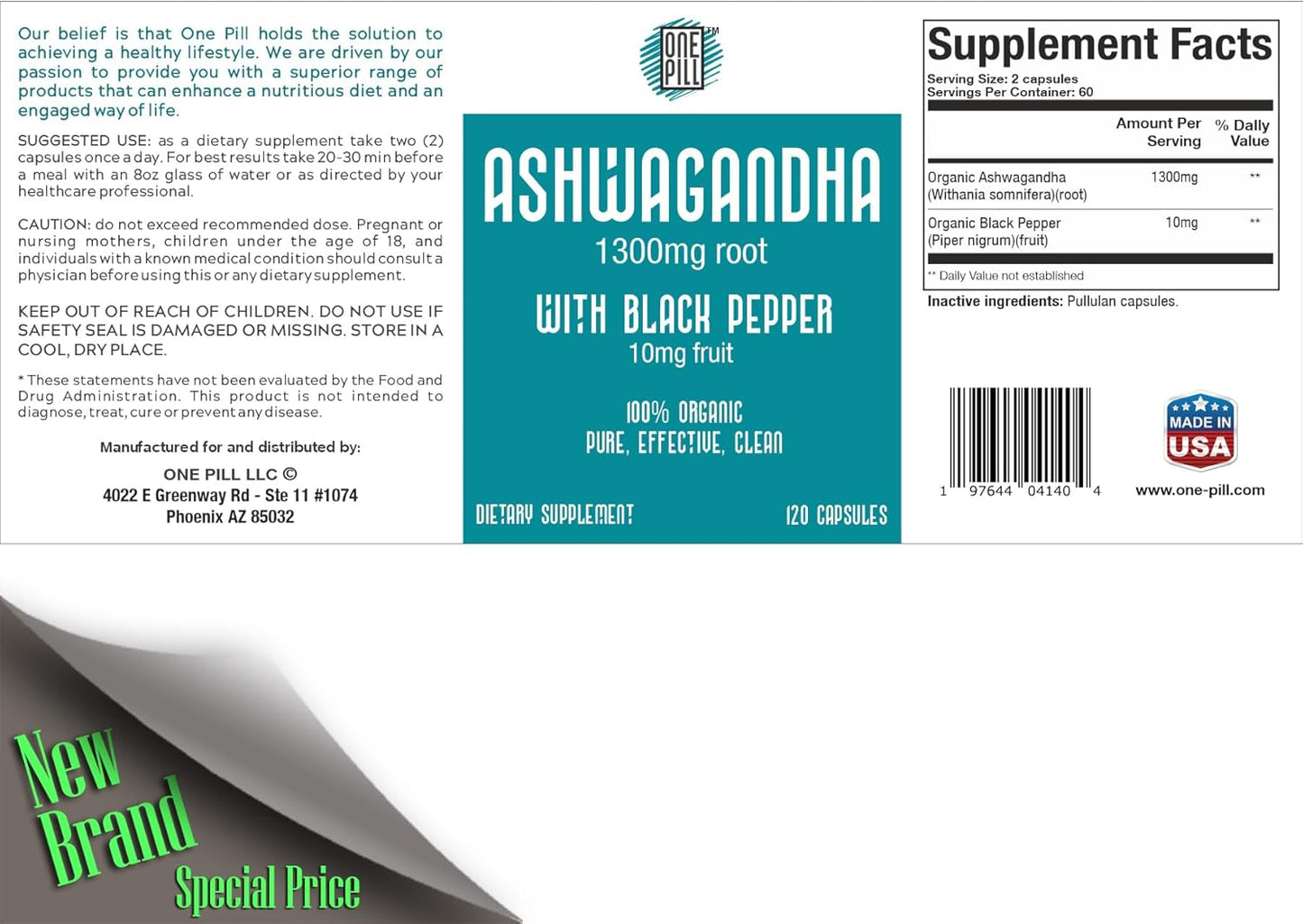 Organic ASHWAGANDHA Root Supplement 1300mg with Black Pepper - Natural Stress & Mood Support - 120 Capsules