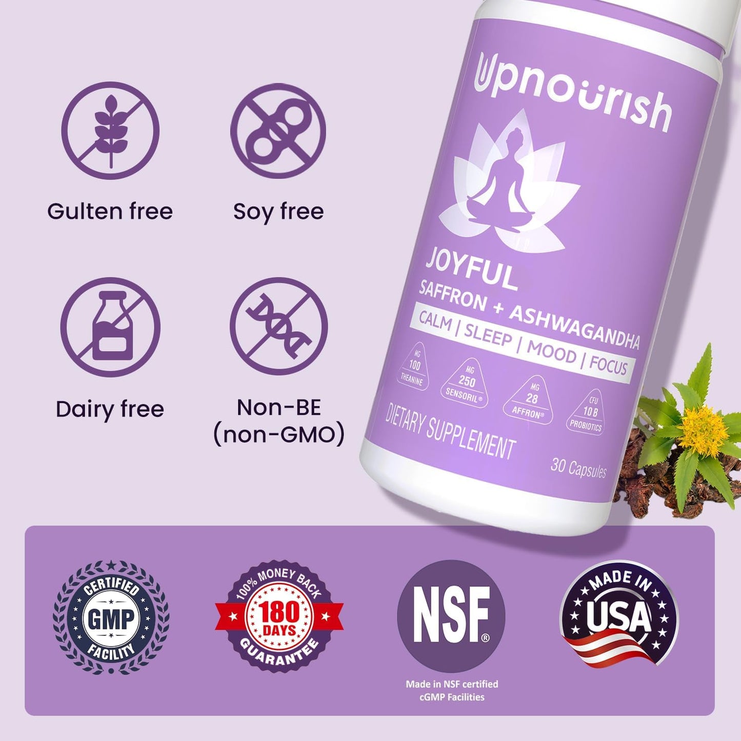 Organic Ashwagandha Saffron Probiotic Supplements for Stress Relief, Mood Enhancement, and Focus - Vegan Capsules with L-Theanine and Rhodiola