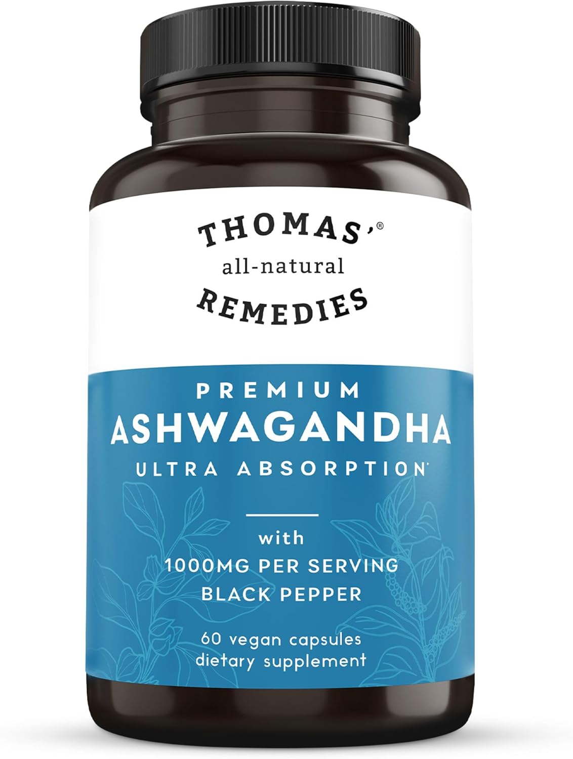 Organic Ashwagandha Stress Support Supplement - Pure 1000mg with Black Pepper for Enhanced Absorption - Vegan Formula with No Fillers - Boost Mood and Energy with Thomas' Remedies