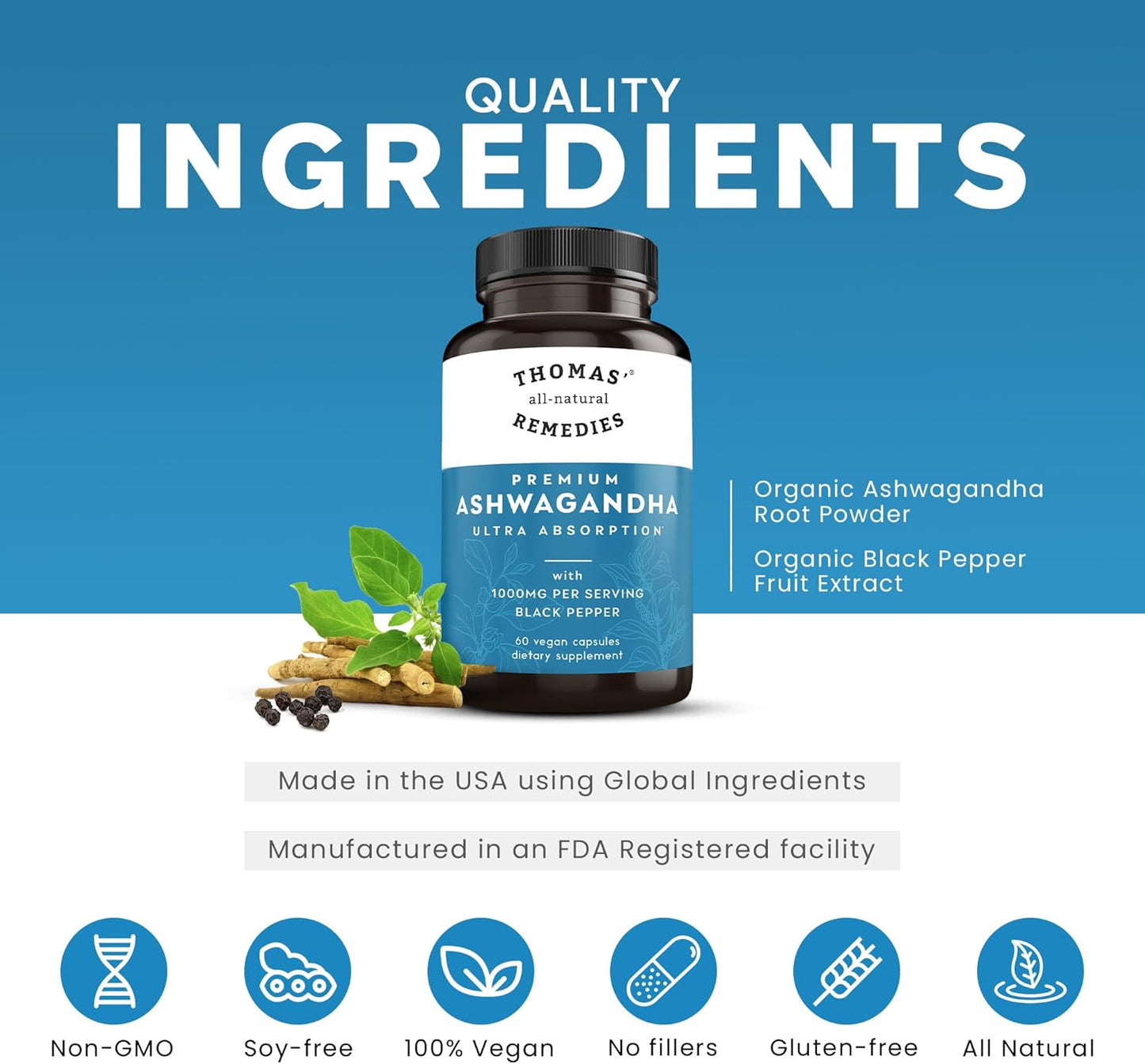Organic Ashwagandha Stress Support Supplement - Pure 1000mg with Black Pepper for Enhanced Absorption - Vegan Formula with No Fillers - Boost Mood and Energy with Thomas' Remedies