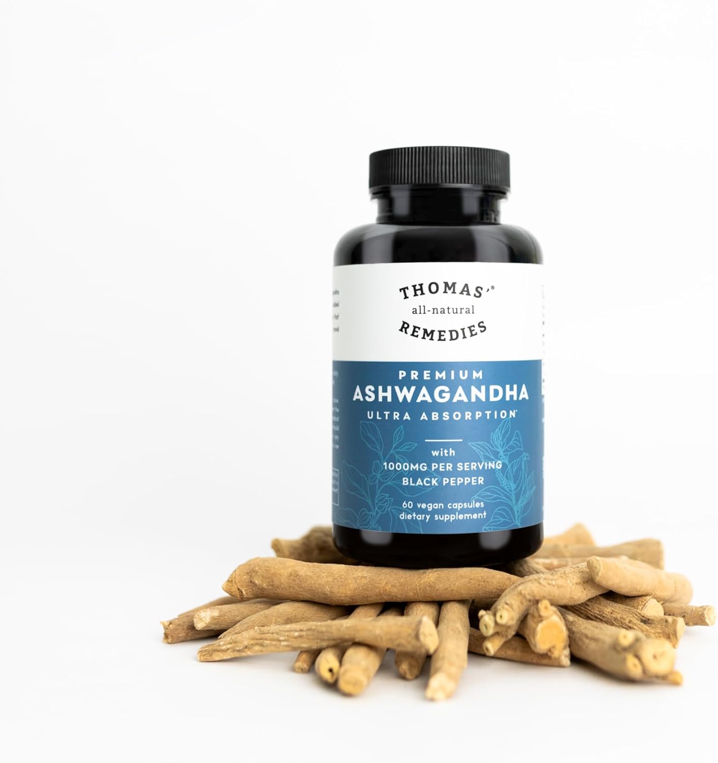 Organic Ashwagandha Stress Support Supplement - Pure 1000mg with Black Pepper for Enhanced Absorption - Vegan Formula with No Fillers - Boost Mood and Energy with Thomas' Remedies