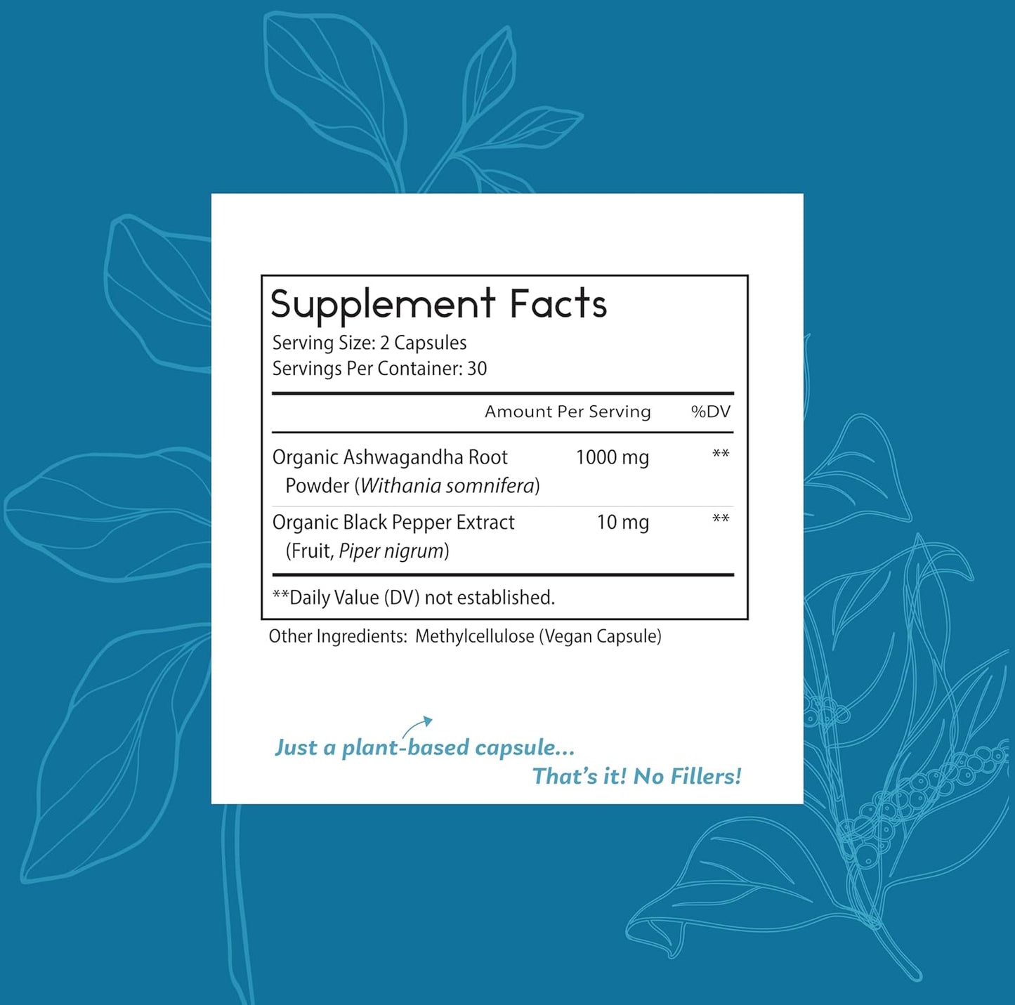 Organic Ashwagandha Stress Support Supplement - Pure 1000mg with Black Pepper for Enhanced Absorption - Vegan Formula with No Fillers - Boost Mood and Energy with Thomas' Remedies