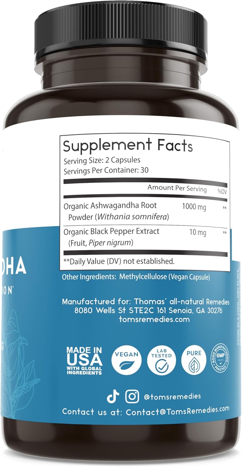 Organic Ashwagandha Stress Support Supplement - Pure 1000mg with Black Pepper for Enhanced Absorption - Vegan Formula with No Fillers - Boost Mood and Energy with Thomas' Remedies