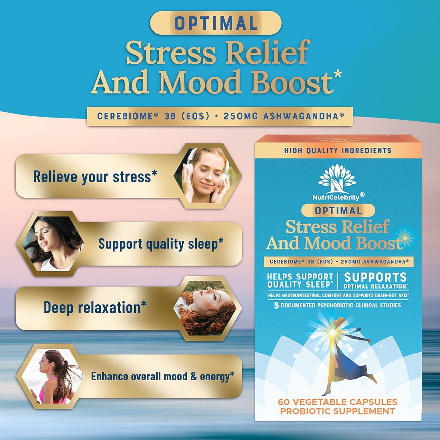Organic Ashwagandha Supplement for Stress Relief, Mood Support, Sleep Aid, Brain Focus, Probiotics for Women, Gut Health - Vegan Non GMO Formula (60 Days)