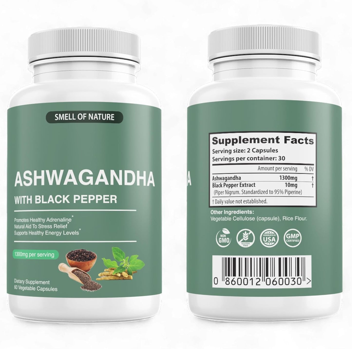 Organic Ashwagandha Supplements with Black Pepper Extract - 1300mg Pure Ashwagandha - Energy Support - 60 Capsules - Non-GMO, Gluten-Free, Vegan