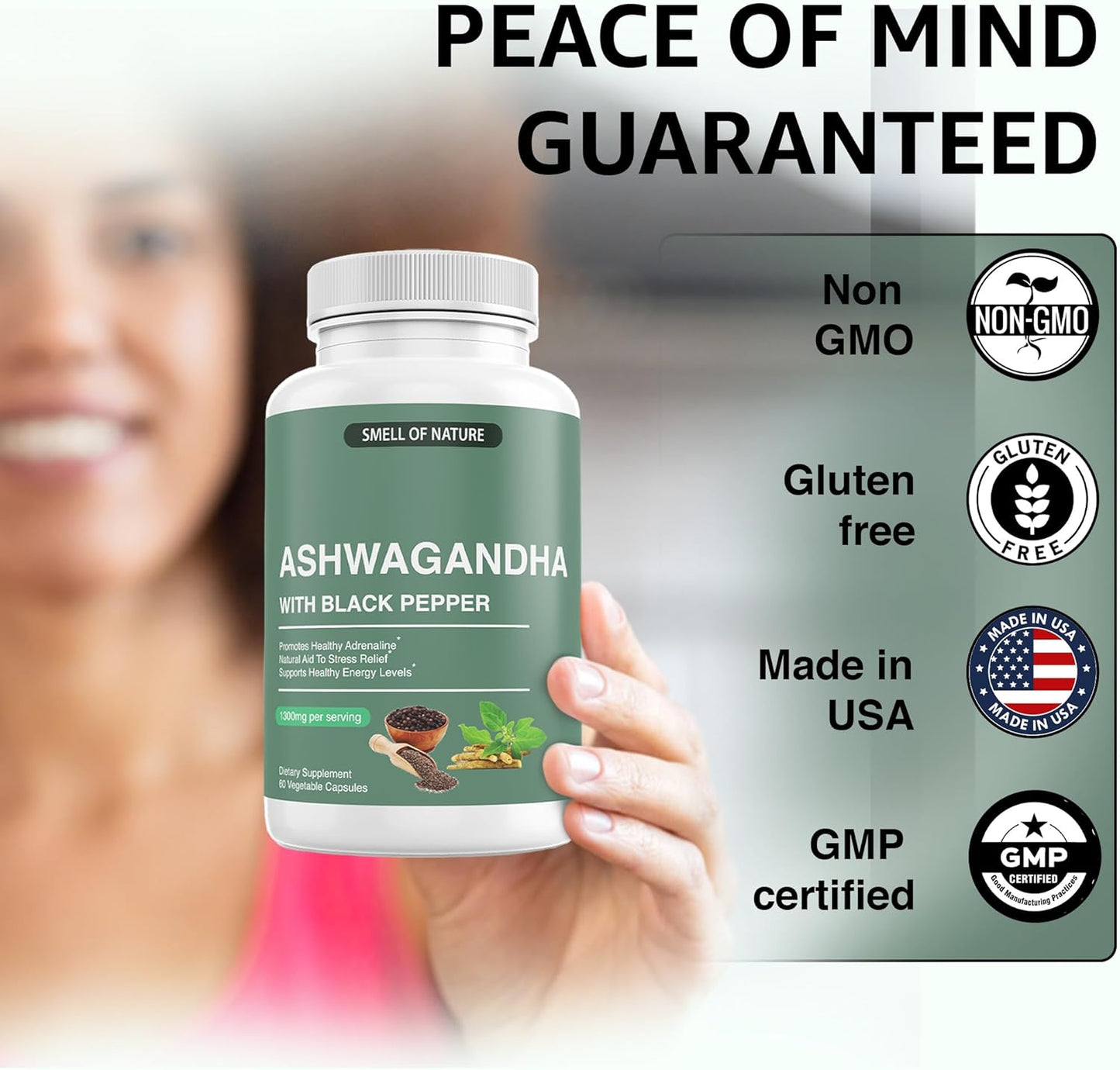Organic Ashwagandha Supplements with Black Pepper Extract - 1300mg Pure Ashwagandha - Energy Support - 60 Capsules - Non-GMO, Gluten-Free, Vegan