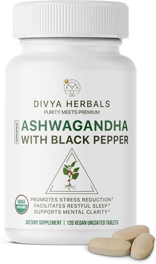 Organic Ashwagandha Tablets with Black Pepper for Stress Relief, Mood & Energy - Whole Root Formula - 120 Vegan Tablets