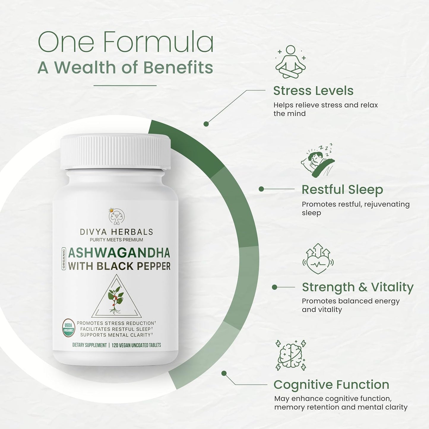 Organic Ashwagandha Tablets with Black Pepper for Stress Relief, Mood & Energy - Whole Root Formula - 120 Vegan Tablets