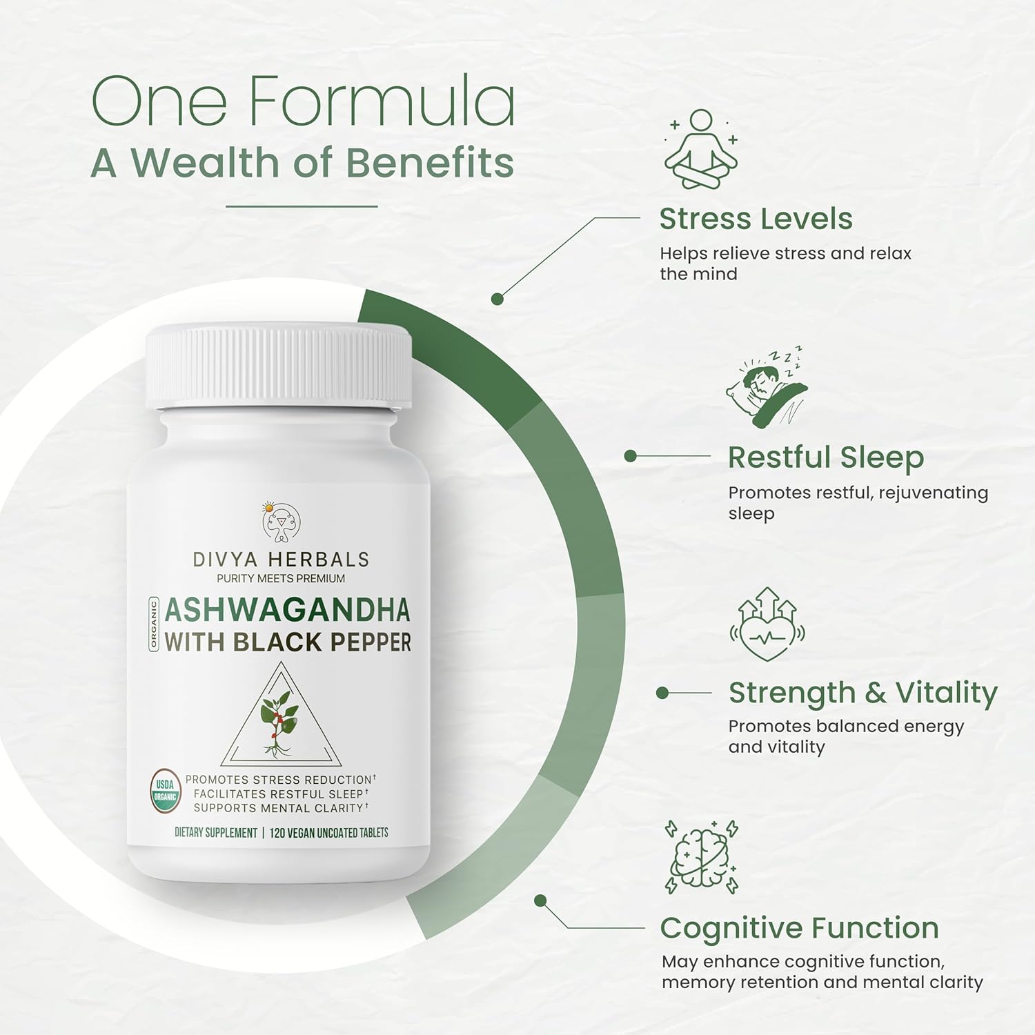 Organic Ashwagandha Tablets with Black Pepper for Stress Relief, Mood & Energy - Whole Root Formula - 120 Vegan Tablets