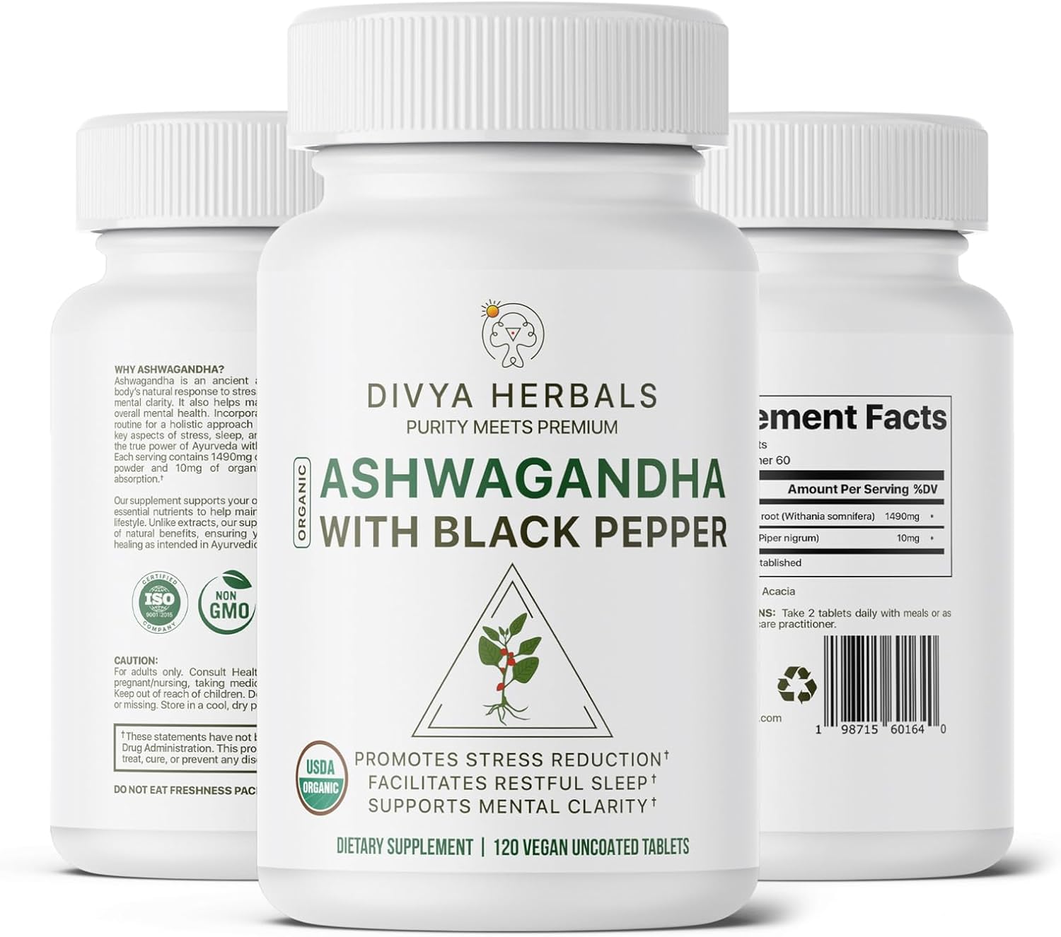 Organic Ashwagandha Tablets with Black Pepper for Stress Relief, Mood & Energy - Whole Root Formula - 120 Vegan Tablets
