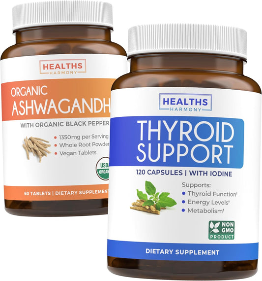 Organic Ashwagandha Thyroid Support Bundle - Adrenal & Cortisol Health Harmony - Energy Boost for Men & Women