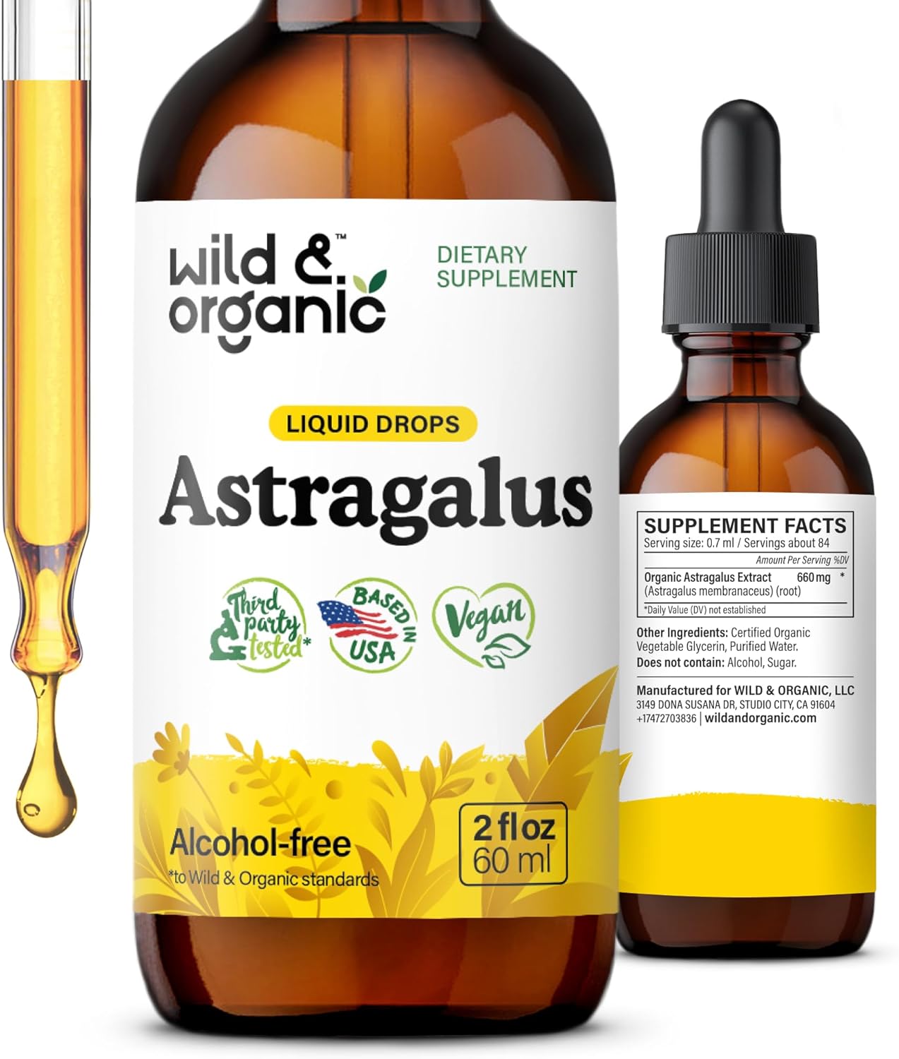 Organic Astragalus Root Extract Tincture - Immune Support Herbal Drops - Calming & Relaxing Supplement - Vegan, Sugar & Alcohol Free - 2 fl oz