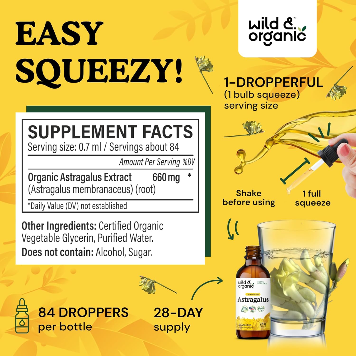 Organic Astragalus Root Extract Tincture - Immune Support Herbal Drops - Calming & Relaxing Supplement - Vegan, Sugar & Alcohol Free - 2 fl oz