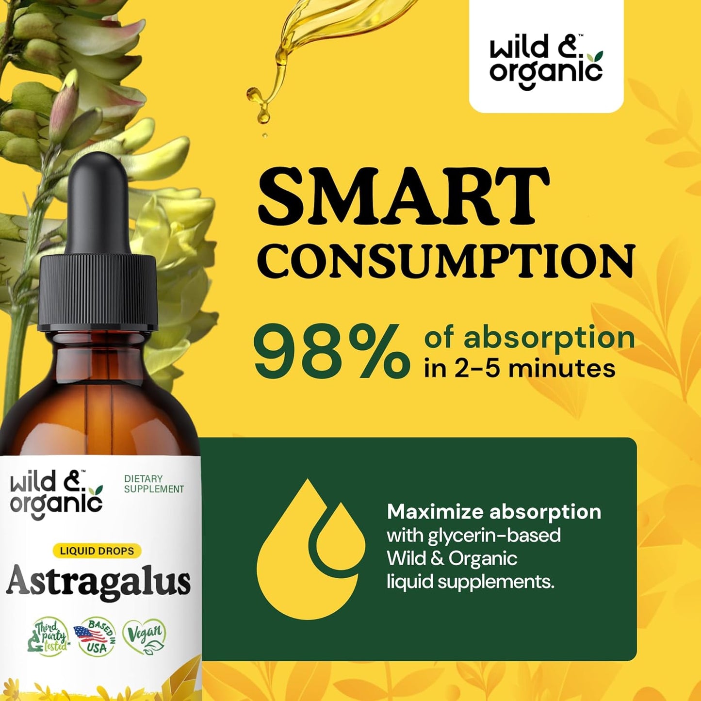 Organic Astragalus Root Extract Tincture - Immune Support Herbal Drops - Calming & Relaxing Supplement - Vegan, Sugar & Alcohol Free - 2 fl oz
