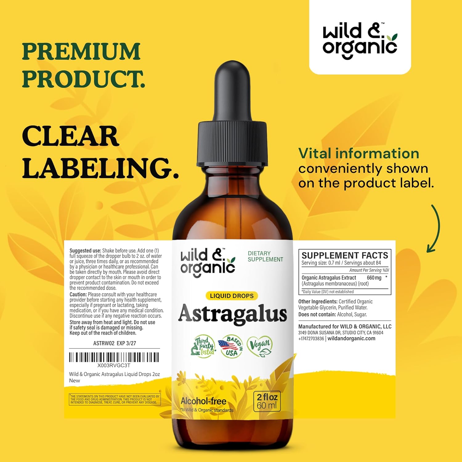 Organic Astragalus Root Extract Tincture - Immune Support Herbal Drops - Calming & Relaxing Supplement - Vegan, Sugar & Alcohol Free - 2 fl oz