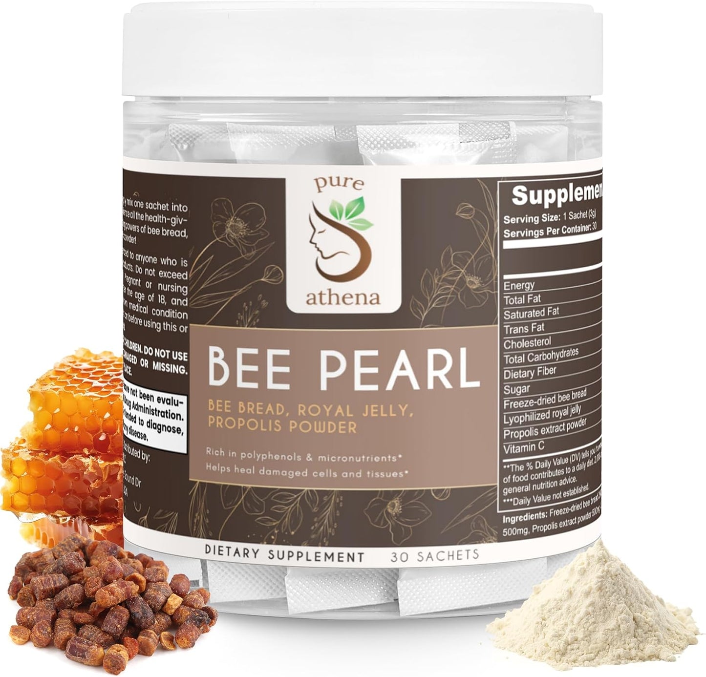 Organic Athena Bee Pearl Powder with Bee Bread, Royal Jelly, Propolis & Vitamin C - Supports Cellular Health, Immunity & Energy - Natural Multivitamin Sachets
