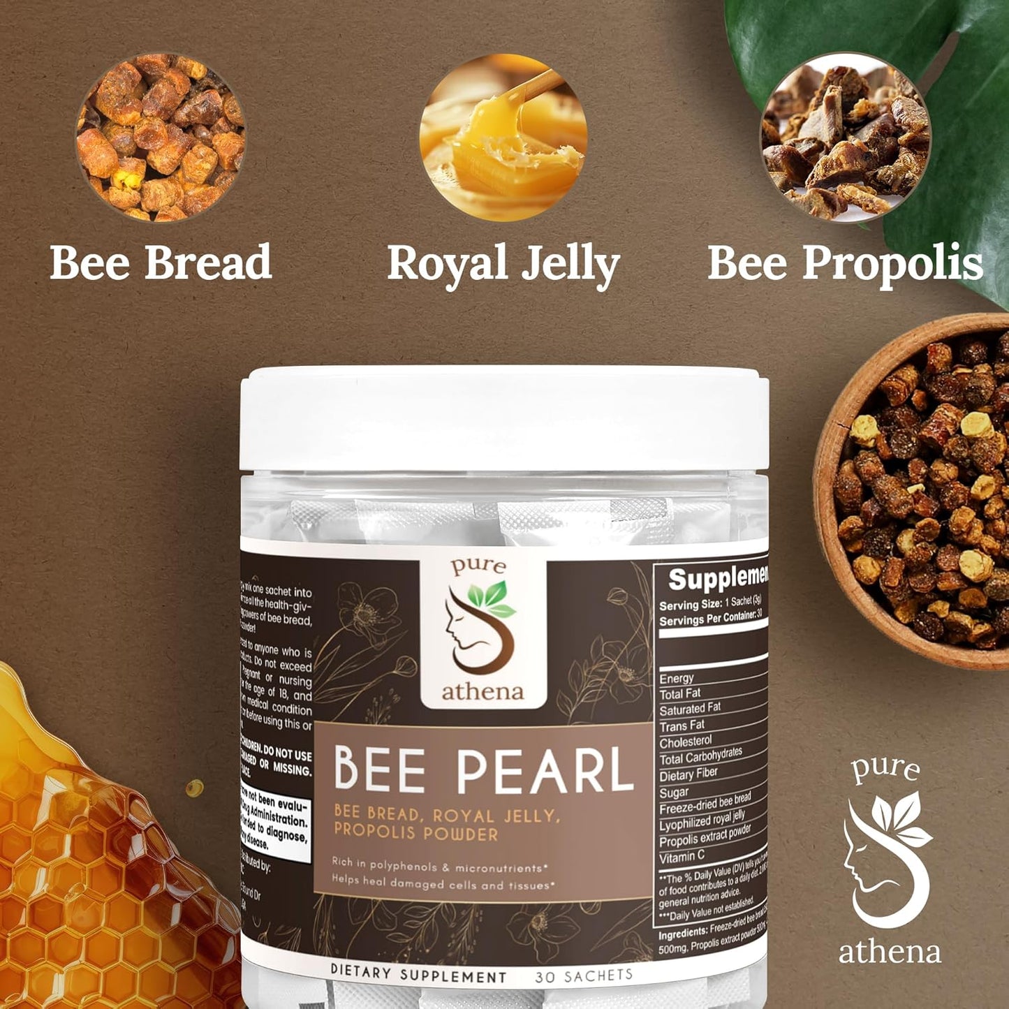 Organic Athena Bee Pearl Powder with Bee Bread, Royal Jelly, Propolis & Vitamin C - Supports Cellular Health, Immunity & Energy - Natural Multivitamin Sachets