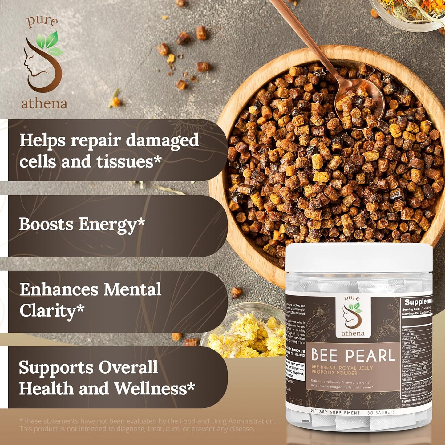 Organic Athena Bee Pearl Powder with Bee Bread, Royal Jelly, Propolis & Vitamin C - Supports Cellular Health, Immunity & Energy - Natural Multivitamin Sachets